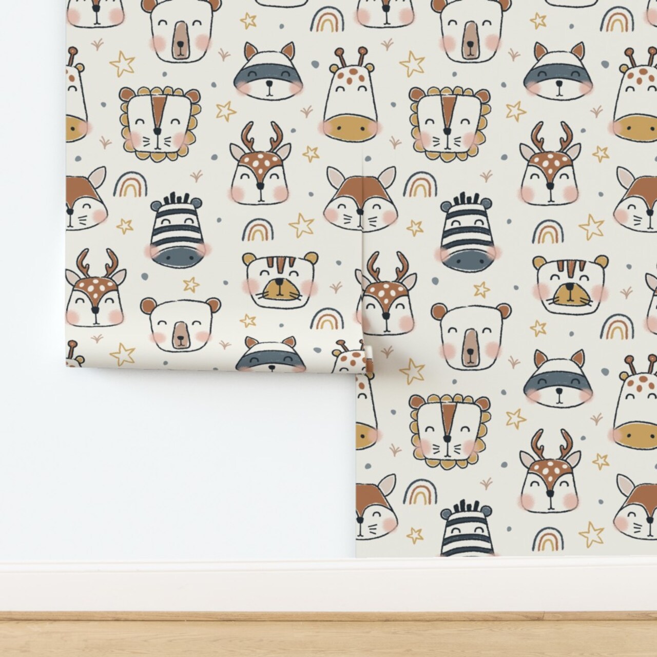 Baby Animal Wild Free Bear Lion Zebra Giraffe Fox Tiger Boho Neutral Cream Tan Custom Removable Wallpaper by Spoonflower Peel & Stick Wallpaper 2FT Wide
